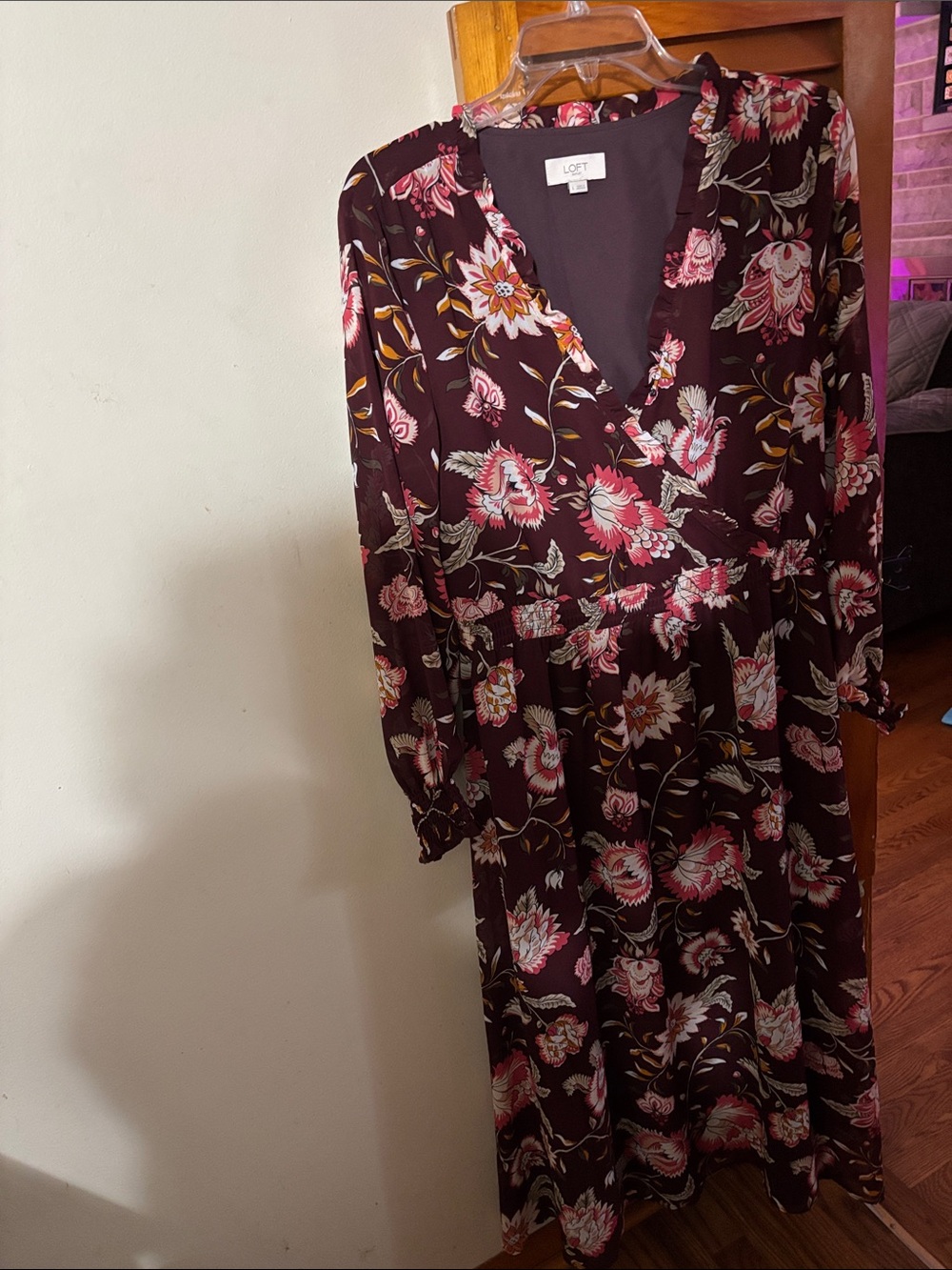 LOFT Burgundy Floral Wrap-Style Midi Dress